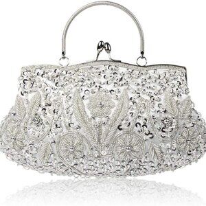 Women Vintage Beaded Evening Clutch Vintage Design Sequin Floral Top-handle Hand